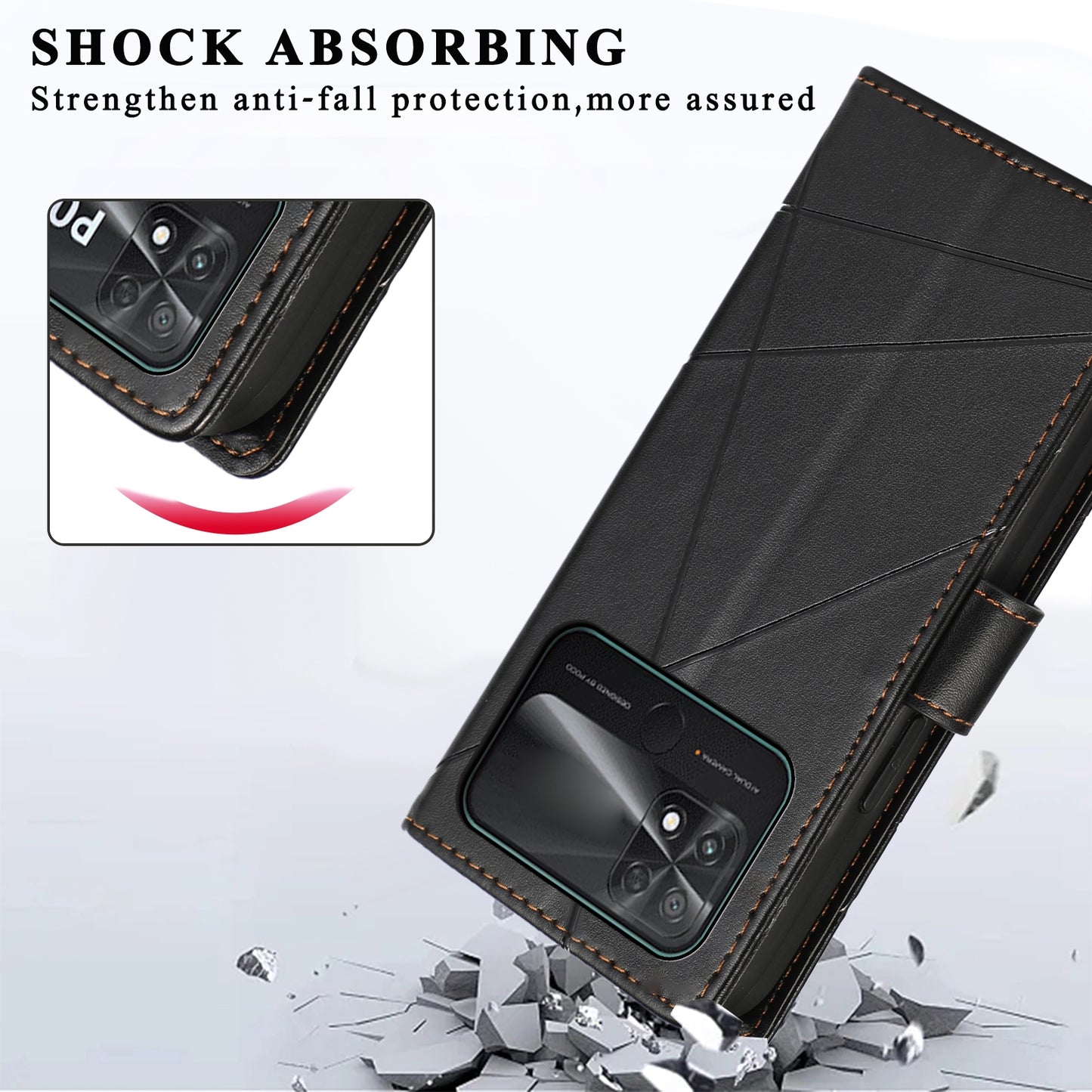 Xiaomi Poco C40 PU Genuine Leather Texture Embossed Line Phone Case with Card Wallet, Kickstand & Wrist Strap