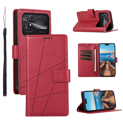 Xiaomi Poco C40 PU Genuine Leather Texture Embossed Line Phone Case with Card Wallet, Kickstand & Wrist Strap
