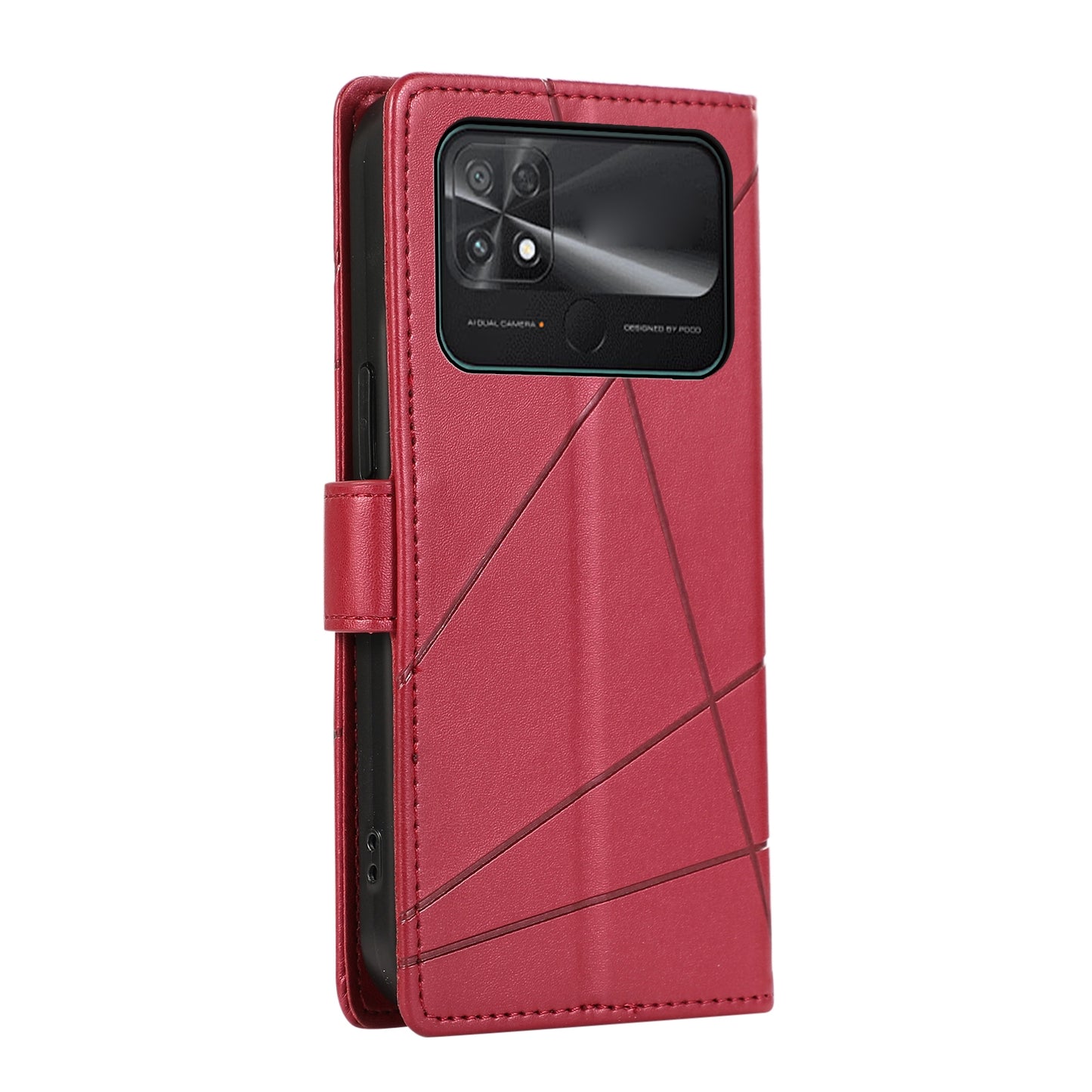 Xiaomi Poco C40 PU Genuine Leather Texture Embossed Line Phone Case with Card Wallet, Kickstand & Wrist Strap