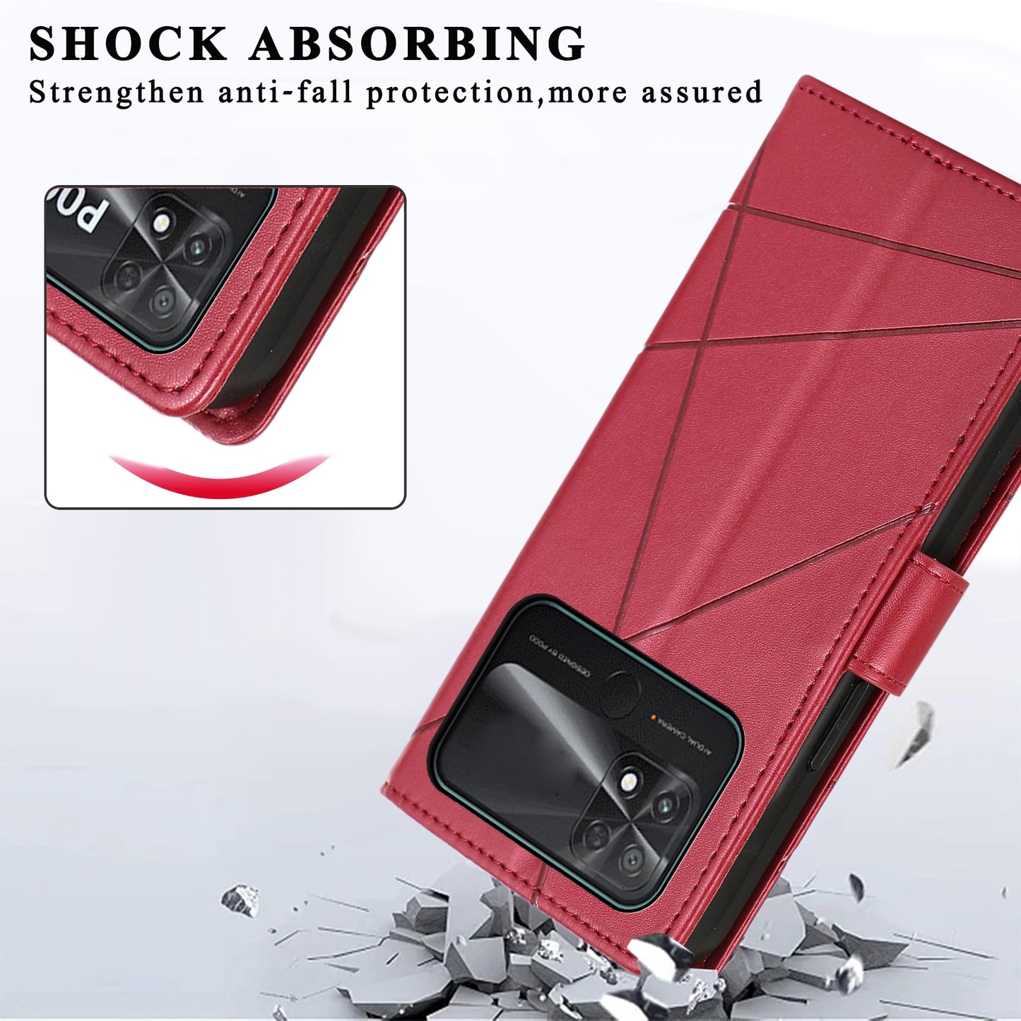 Xiaomi Poco C40 PU Genuine Leather Texture Embossed Line Phone Case with Card Wallet, Kickstand & Wrist Strap