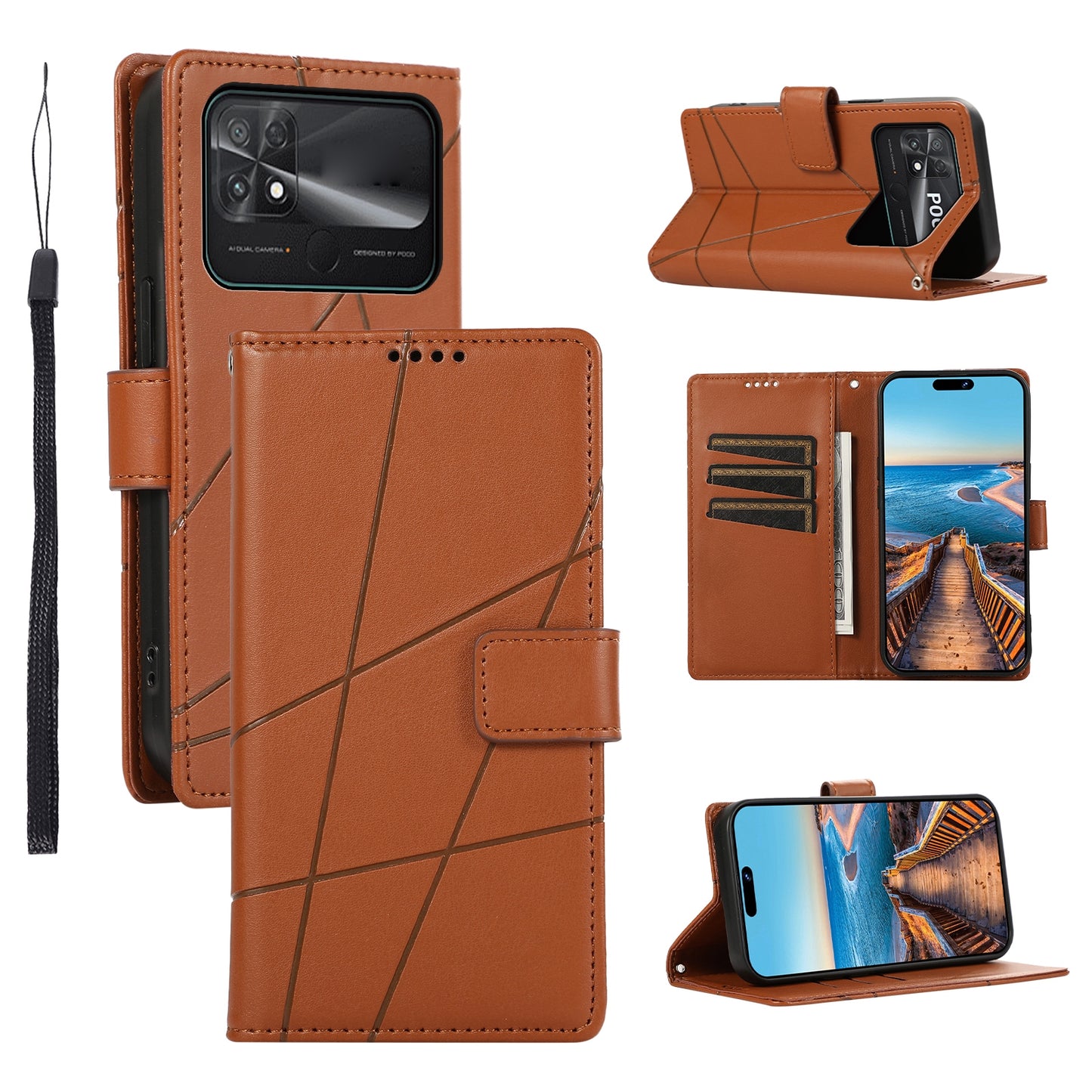 Xiaomi Poco C40 PU Genuine Leather Texture Embossed Line Phone Case with Card Wallet, Kickstand & Wrist Strap