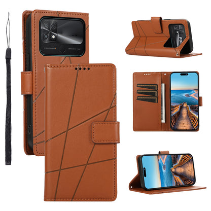 Xiaomi Poco C40 PU Genuine Leather Texture Embossed Line Phone Case with Card Wallet, Kickstand & Wrist Strap