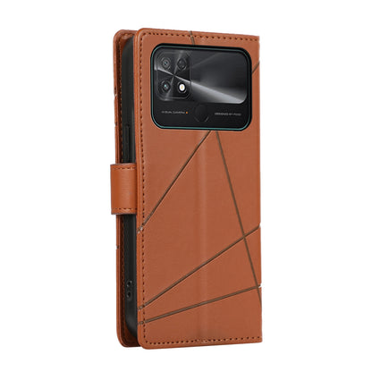 Xiaomi Poco C40 PU Genuine Leather Texture Embossed Line Phone Case with Card Wallet, Kickstand & Wrist Strap