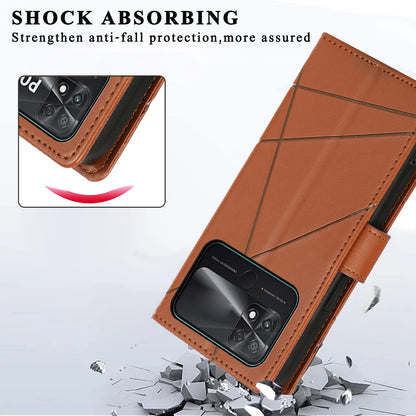 Xiaomi Poco C40 PU Genuine Leather Texture Embossed Line Phone Case with Card Wallet, Kickstand & Wrist Strap
