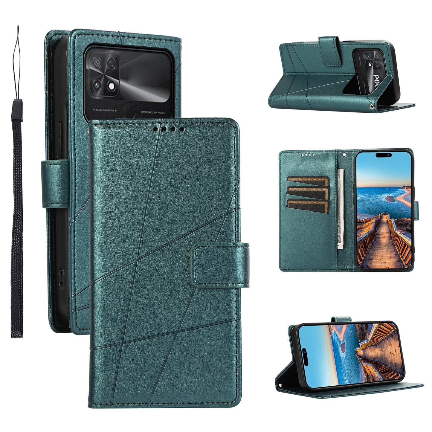 Xiaomi Poco C40 PU Genuine Leather Texture Embossed Line Phone Case with Card Wallet, Kickstand & Wrist Strap