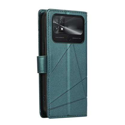 Xiaomi Poco C40 PU Genuine Leather Texture Embossed Line Phone Case with Card Wallet, Kickstand & Wrist Strap