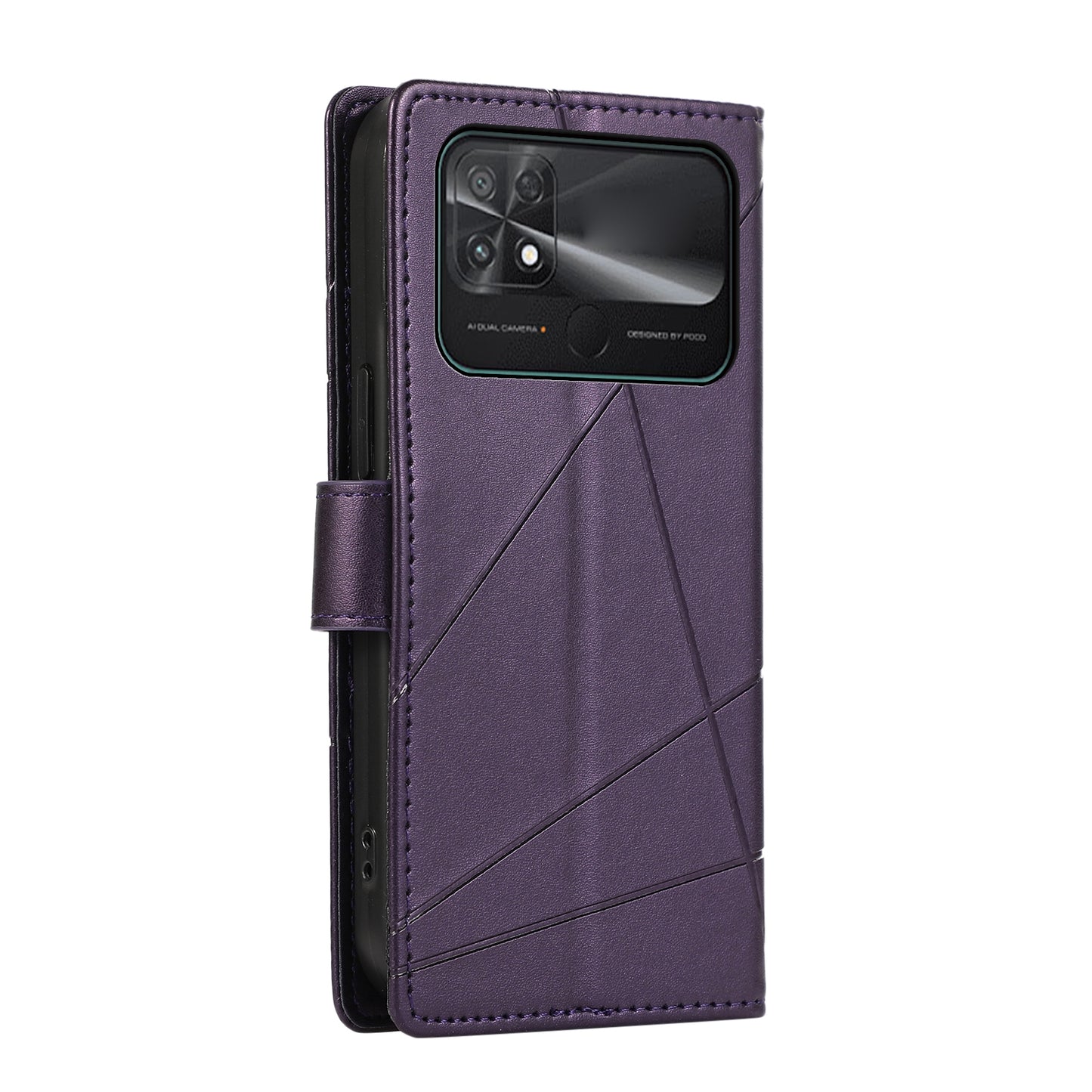 Xiaomi Poco C40 PU Genuine Leather Texture Embossed Line Phone Case with Card Wallet, Kickstand & Wrist Strap