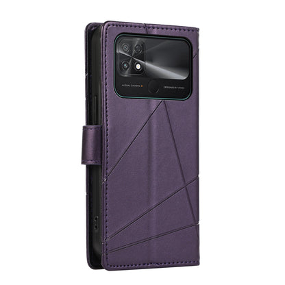 Xiaomi Poco C40 PU Genuine Leather Texture Embossed Line Phone Case with Card Wallet, Kickstand & Wrist Strap