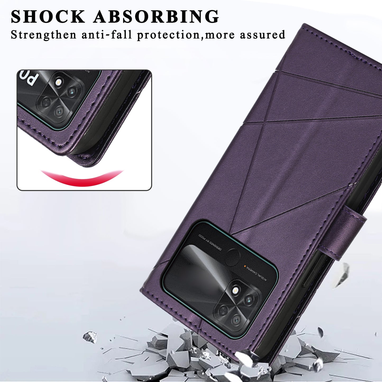 Xiaomi Poco C40 PU Genuine Leather Texture Embossed Line Phone Case with Card Wallet, Kickstand & Wrist Strap
