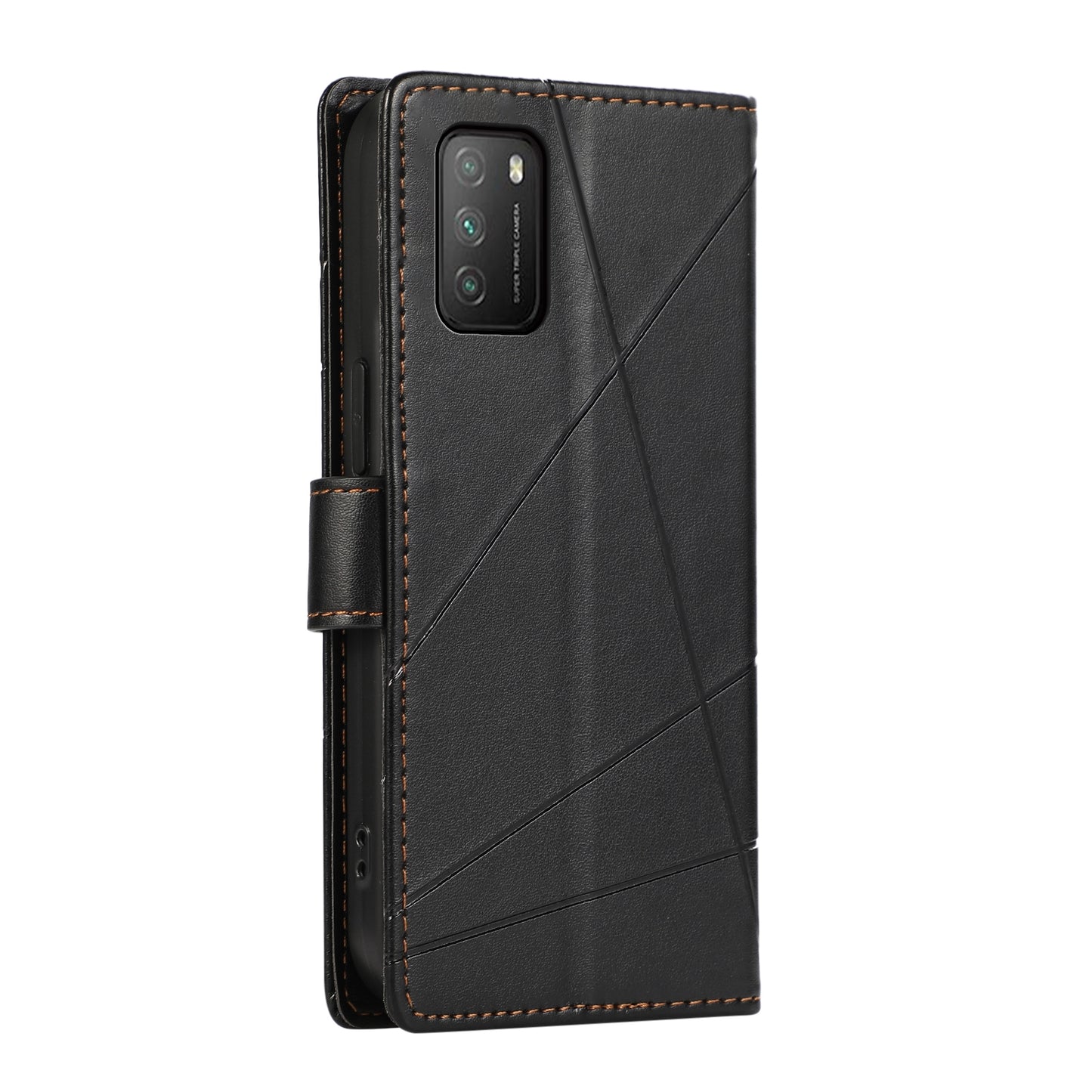 Xiaomi Poco M3 PU Genuine Leather Texture Embossed Line Phone Case with Card Wallet, Kickstand & Wrist Strap