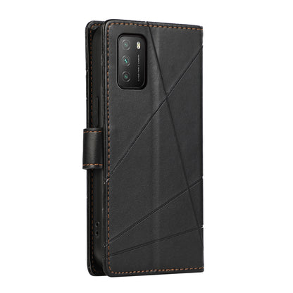Xiaomi Poco M3 PU Genuine Leather Texture Embossed Line Phone Case with Card Wallet, Kickstand & Wrist Strap