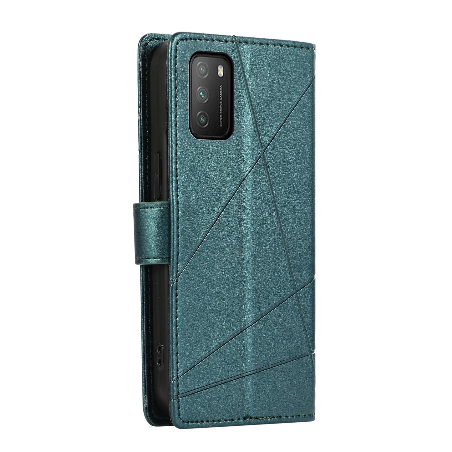 Xiaomi Poco M3 PU Genuine Leather Texture Embossed Line Phone Case with Card Wallet, Kickstand & Wrist Strap