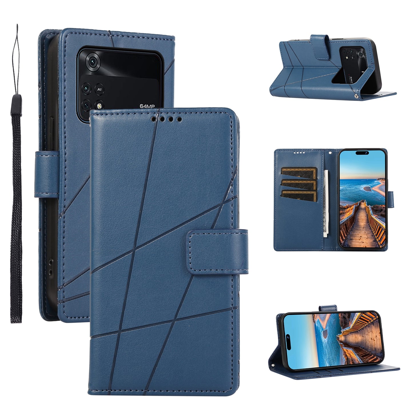 Xiaomi Poco M4 Pro PU Genuine Leather Texture Embossed Line Phone Case with Card Wallet, Kickstand & Wrist Strap