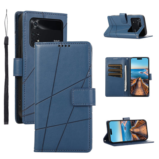 Xiaomi Poco M4 Pro PU Genuine Leather Texture Embossed Line Phone Case with Card Wallet, Kickstand & Wrist Strap