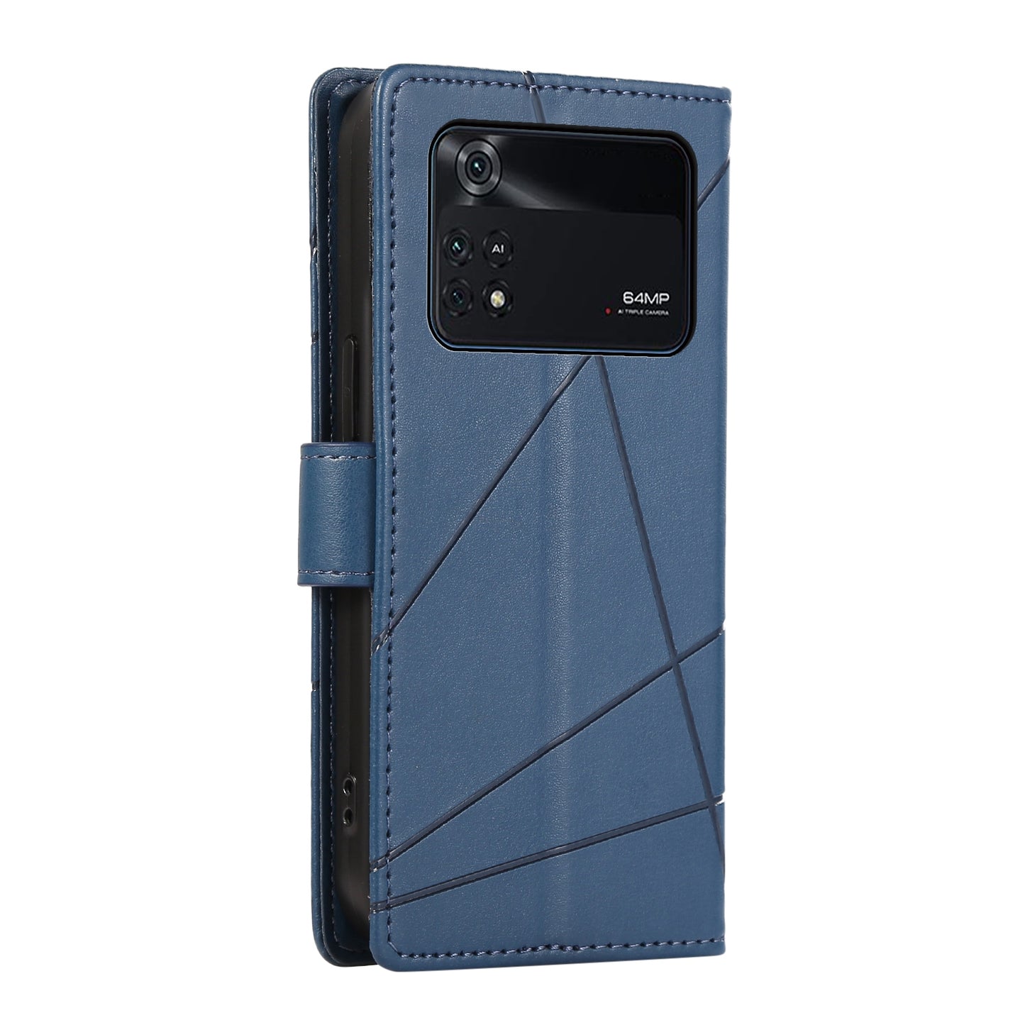 Xiaomi Poco M4 Pro PU Genuine Leather Texture Embossed Line Phone Case with Card Wallet, Kickstand & Wrist Strap