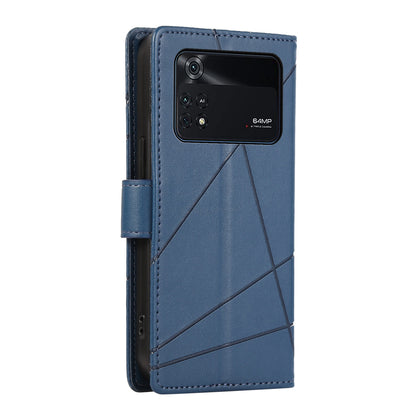 Xiaomi Poco M4 Pro PU Genuine Leather Texture Embossed Line Phone Case with Card Wallet, Kickstand & Wrist Strap
