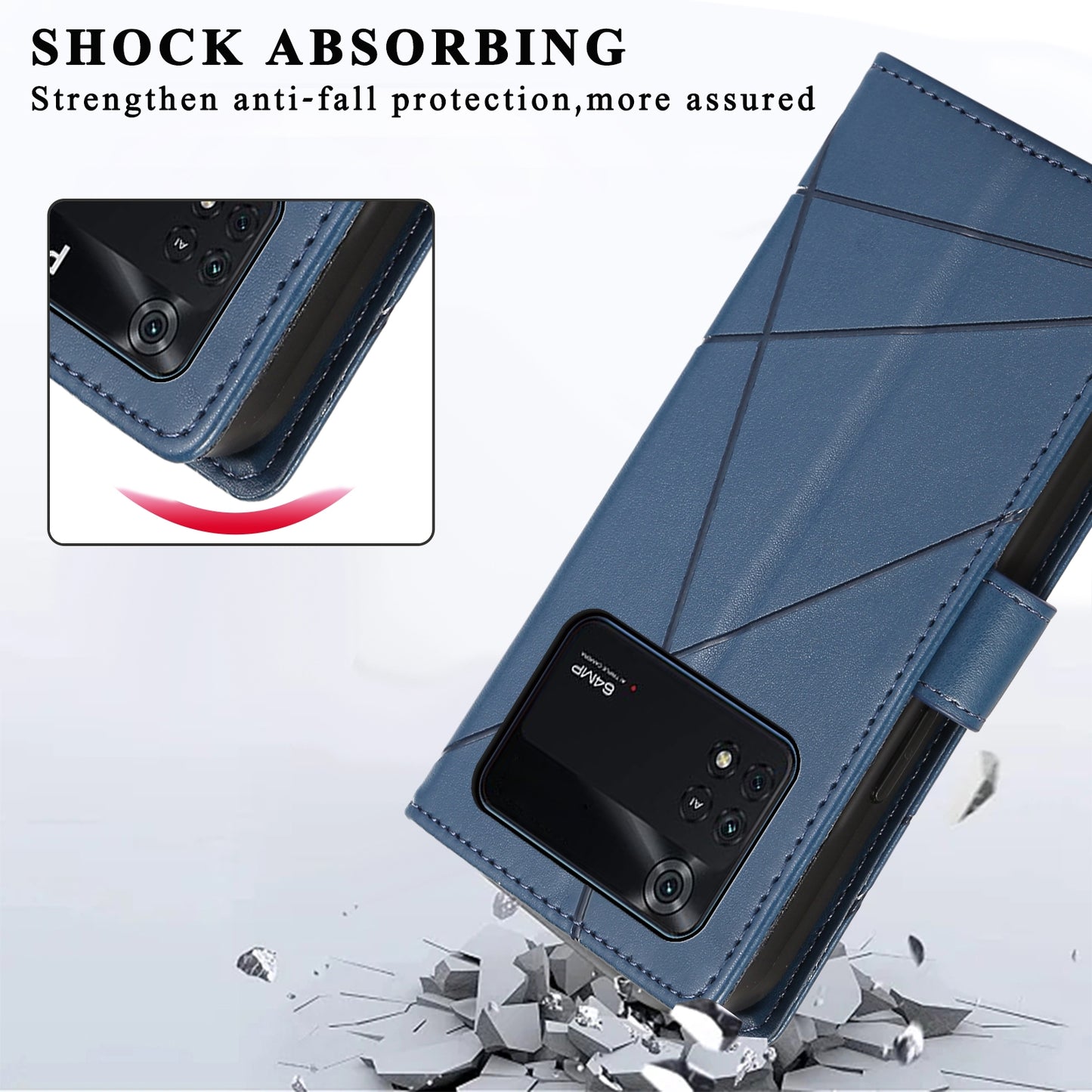 Xiaomi Poco M4 Pro PU Genuine Leather Texture Embossed Line Phone Case with Card Wallet, Kickstand & Wrist Strap