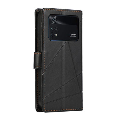 Xiaomi Poco M4 Pro PU Genuine Leather Texture Embossed Line Phone Case with Card Wallet, Kickstand & Wrist Strap