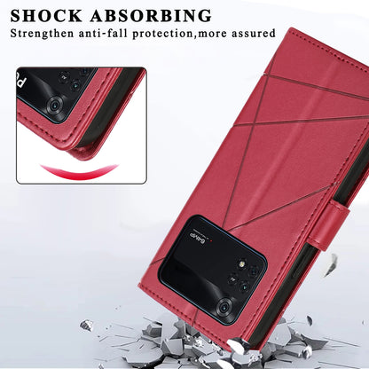 Xiaomi Poco M4 Pro PU Genuine Leather Texture Embossed Line Phone Case with Card Wallet, Kickstand & Wrist Strap