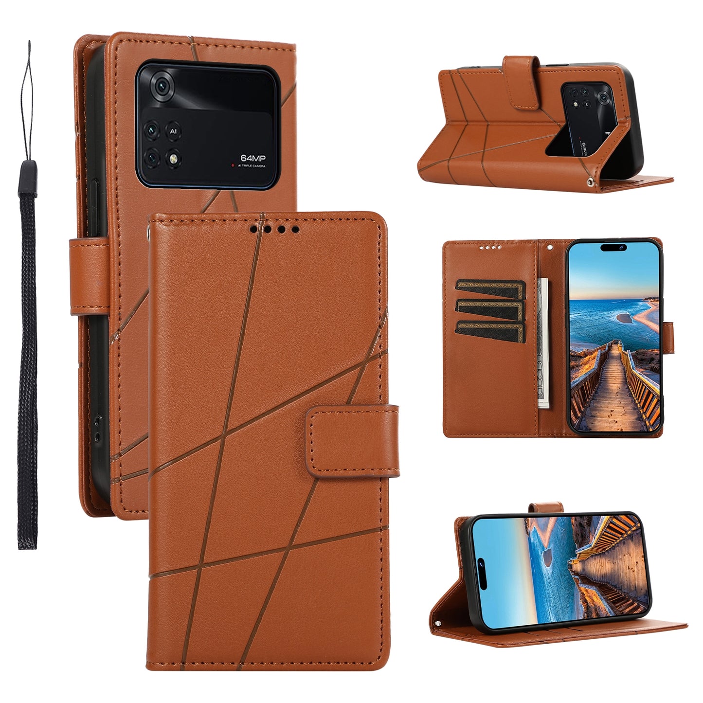 Xiaomi Poco M4 Pro PU Genuine Leather Texture Embossed Line Phone Case with Card Wallet, Kickstand & Wrist Strap