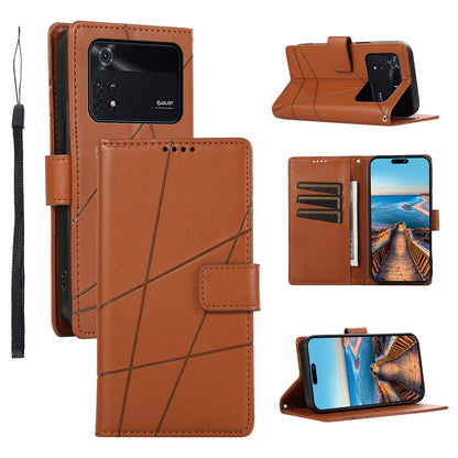 Xiaomi Poco M4 Pro PU Genuine Leather Texture Embossed Line Phone Case with Card Wallet, Kickstand & Wrist Strap