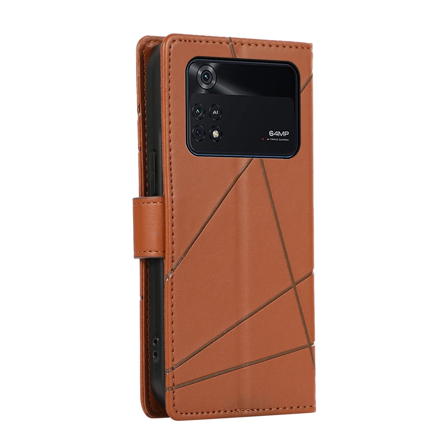 Xiaomi Poco M4 Pro PU Genuine Leather Texture Embossed Line Phone Case with Card Wallet, Kickstand & Wrist Strap