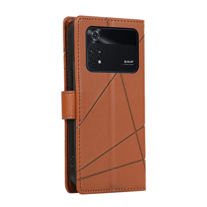 Xiaomi Poco M4 Pro PU Genuine Leather Texture Embossed Line Phone Case with Card Wallet, Kickstand & Wrist Strap