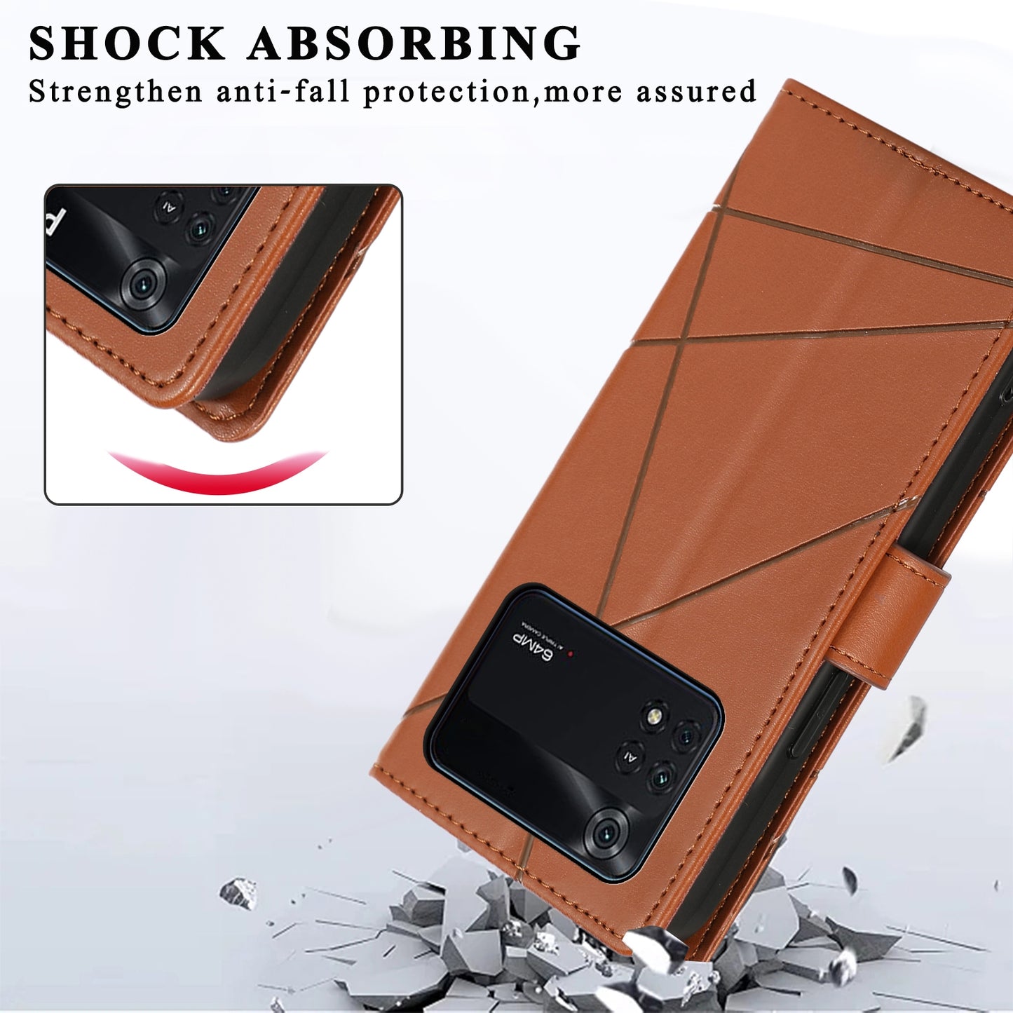 Xiaomi Poco M4 Pro PU Genuine Leather Texture Embossed Line Phone Case with Card Wallet, Kickstand & Wrist Strap