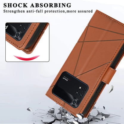 Xiaomi Poco M4 Pro PU Genuine Leather Texture Embossed Line Phone Case with Card Wallet, Kickstand & Wrist Strap