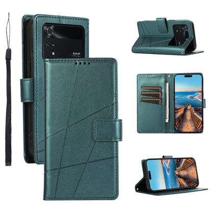 Xiaomi Poco M4 Pro PU Genuine Leather Texture Embossed Line Phone Case with Card Wallet, Kickstand & Wrist Strap