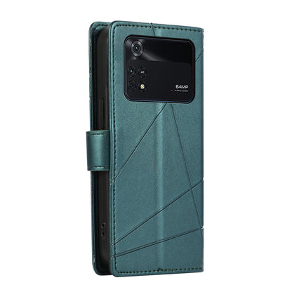 Xiaomi Poco M4 Pro PU Genuine Leather Texture Embossed Line Phone Case with Card Wallet, Kickstand & Wrist Strap