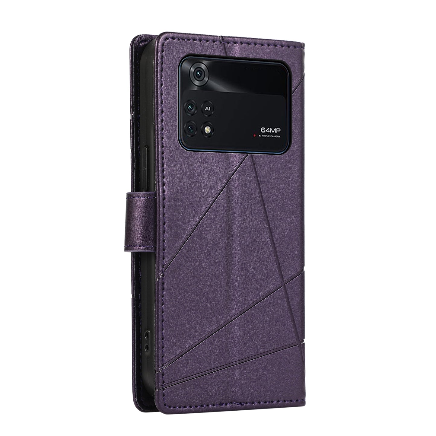 Xiaomi Poco M4 Pro PU Genuine Leather Texture Embossed Line Phone Case with Card Wallet, Kickstand & Wrist Strap