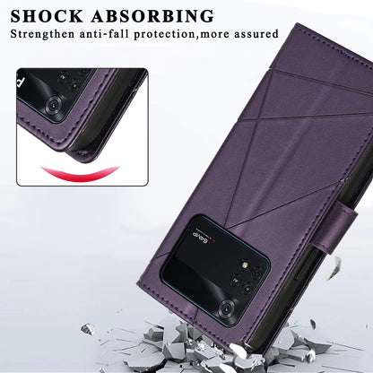 Xiaomi Poco M4 Pro PU Genuine Leather Texture Embossed Line Phone Case with Card Wallet, Kickstand & Wrist Strap