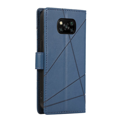 Xiaomi Poco X3 PU Genuine Leather Texture Embossed Line Phone Case with Card Wallet, Kickstand & Wrist Strap
