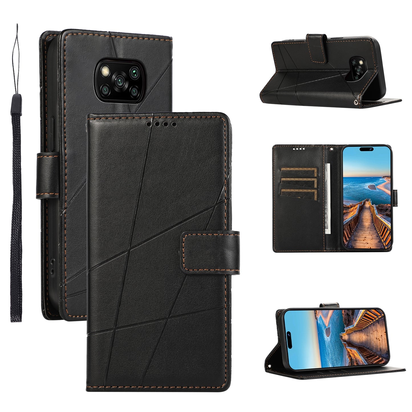 Xiaomi Poco X3 PU Genuine Leather Texture Embossed Line Phone Case with Card Wallet, Kickstand & Wrist Strap
