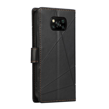 Xiaomi Poco X3 PU Genuine Leather Texture Embossed Line Phone Case with Card Wallet, Kickstand & Wrist Strap