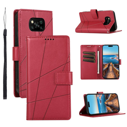Xiaomi Poco X3 PU Genuine Leather Texture Embossed Line Phone Case with Card Wallet, Kickstand & Wrist Strap