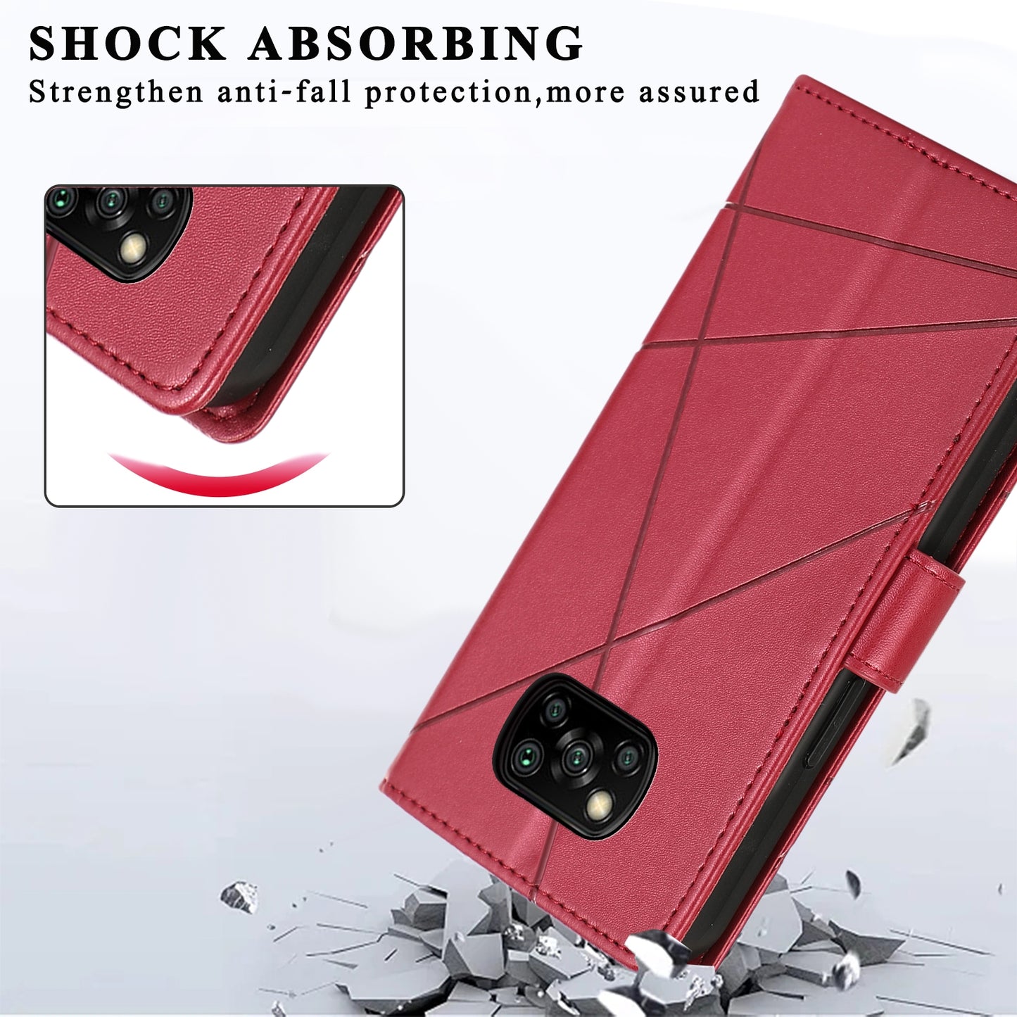 Xiaomi Poco X3 PU Genuine Leather Texture Embossed Line Phone Case with Card Wallet, Kickstand & Wrist Strap