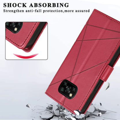 Xiaomi Poco X3 PU Genuine Leather Texture Embossed Line Phone Case with Card Wallet, Kickstand & Wrist Strap