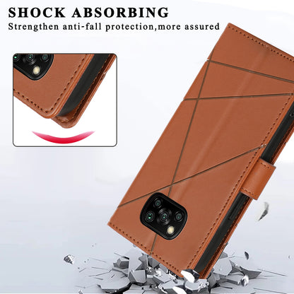 Xiaomi Poco X3 PU Genuine Leather Texture Embossed Line Phone Case with Card Wallet, Kickstand & Wrist Strap