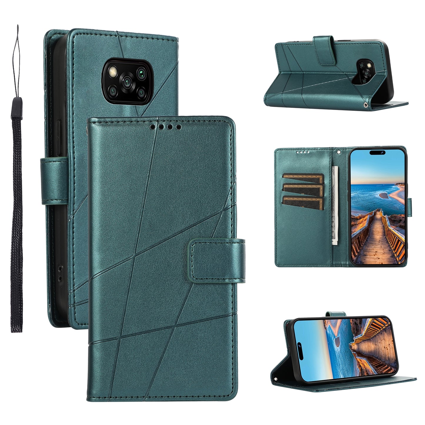 Xiaomi Poco X3 PU Genuine Leather Texture Embossed Line Phone Case with Card Wallet, Kickstand & Wrist Strap