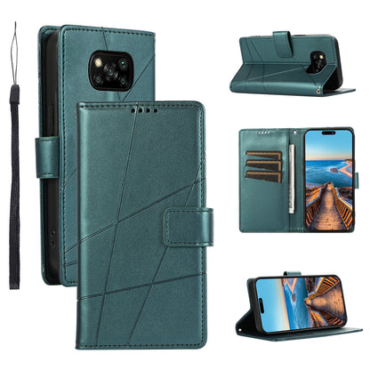 Xiaomi Poco X3 PU Genuine Leather Texture Embossed Line Phone Case with Card Wallet, Kickstand & Wrist Strap