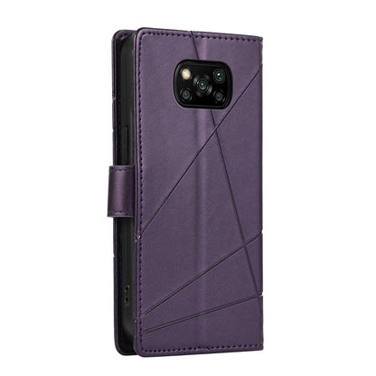 Xiaomi Poco X3 PU Genuine Leather Texture Embossed Line Phone Case with Card Wallet, Kickstand & Wrist Strap