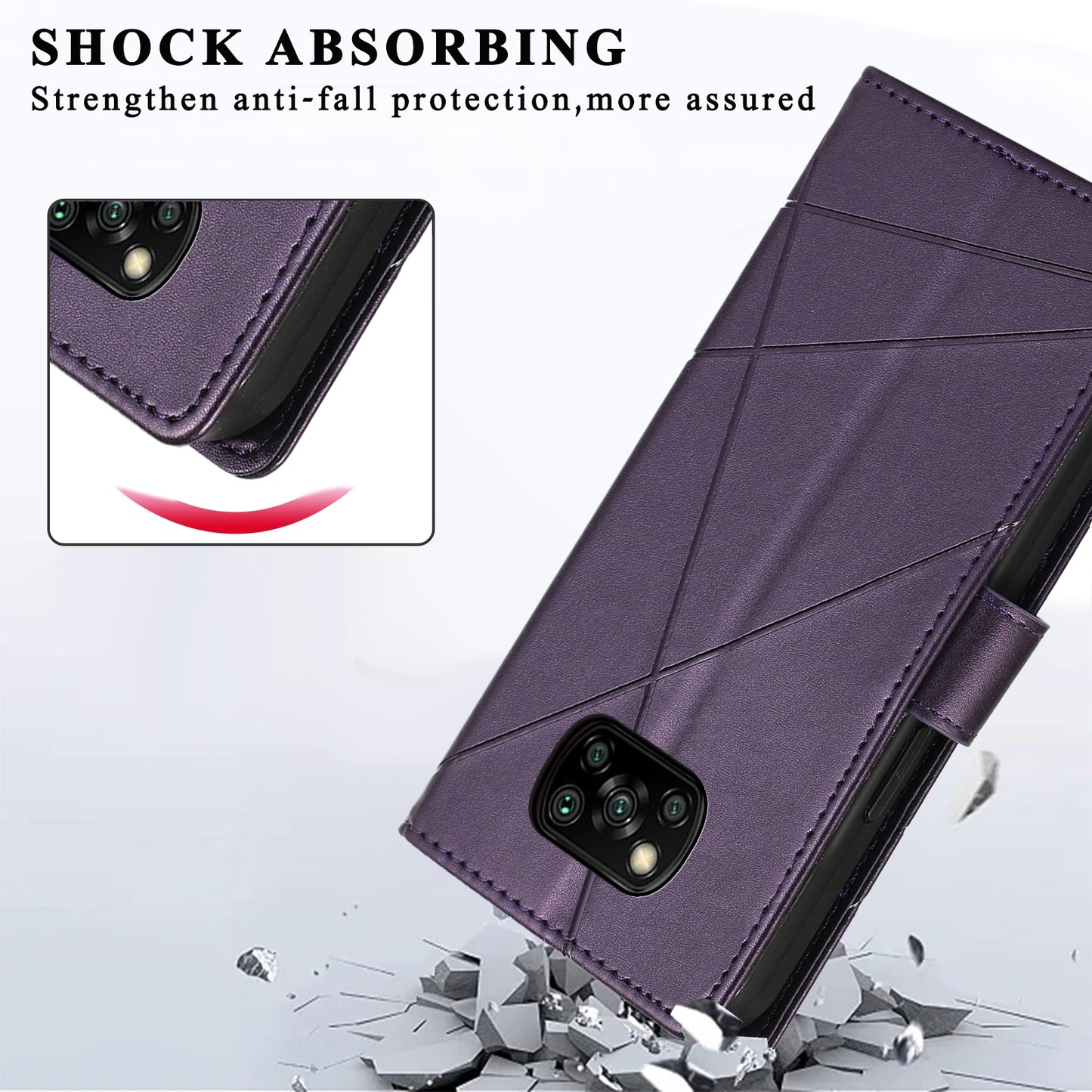 Xiaomi Poco X3 PU Genuine Leather Texture Embossed Line Phone Case with Card Wallet, Kickstand & Wrist Strap