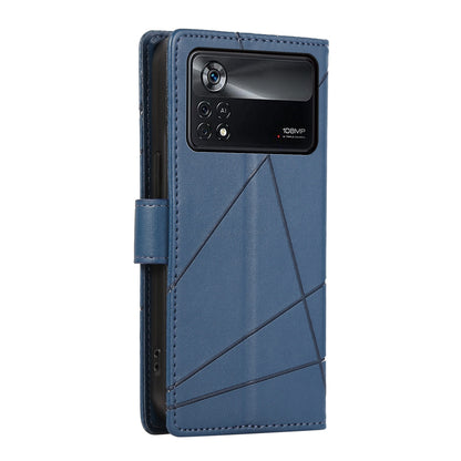 Xiaomi Poco X4 Pro 5G PU Genuine Leather Texture Embossed Line Phone Case with Card Wallet, Kickstand & Wrist Strap
