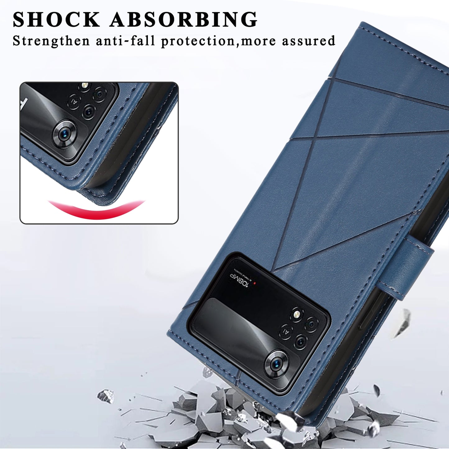 Xiaomi Poco X4 Pro 5G PU Genuine Leather Texture Embossed Line Phone Case with Card Wallet, Kickstand & Wrist Strap
