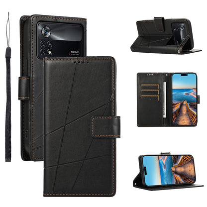 Xiaomi Poco X4 Pro 5G PU Genuine Leather Texture Embossed Line Phone Case with Card Wallet, Kickstand & Wrist Strap