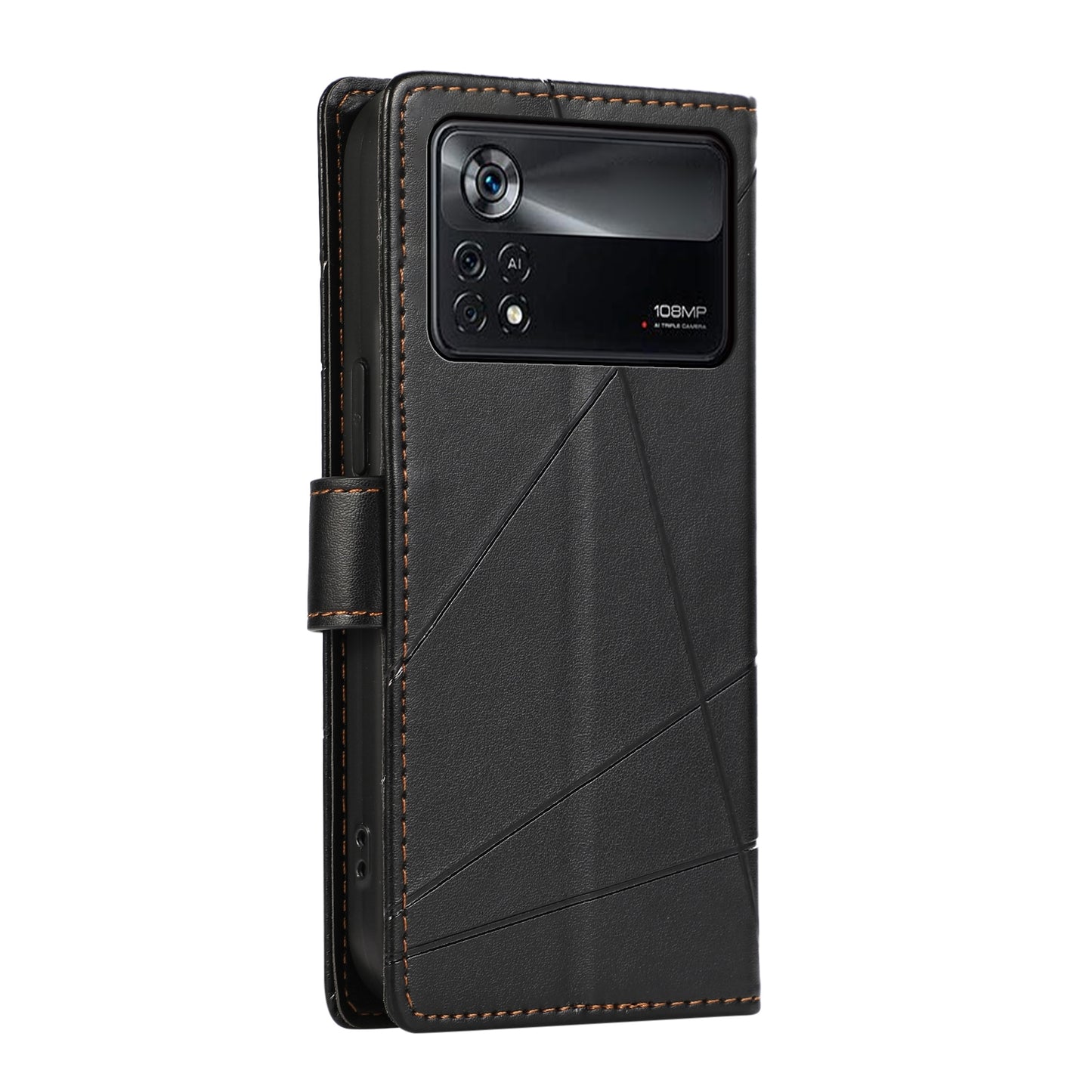 Xiaomi Poco X4 Pro 5G PU Genuine Leather Texture Embossed Line Phone Case with Card Wallet, Kickstand & Wrist Strap