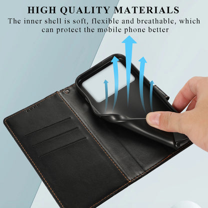 Xiaomi Poco X4 Pro 5G PU Genuine Leather Texture Embossed Line Phone Case with Card Wallet, Kickstand & Wrist Strap