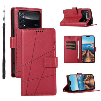 Xiaomi Poco X4 Pro 5G PU Genuine Leather Texture Embossed Line Phone Case with Card Wallet, Kickstand & Wrist Strap